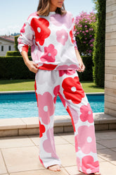 Flower Round Neck Long Sleeve Top and Pants Lounge Set Floral OutfitFlow